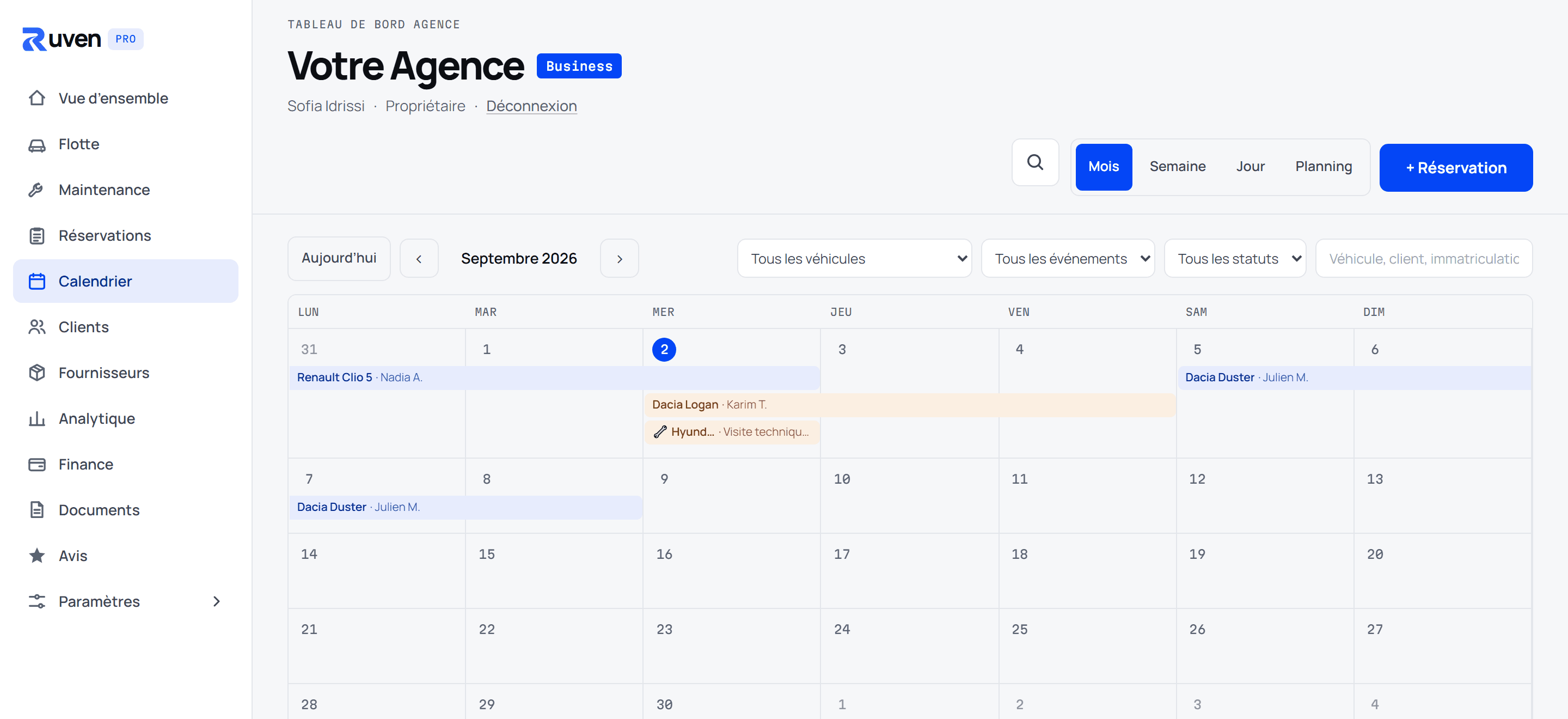 Calendrier mensuel Ruven Pro avec réservations et maintenance