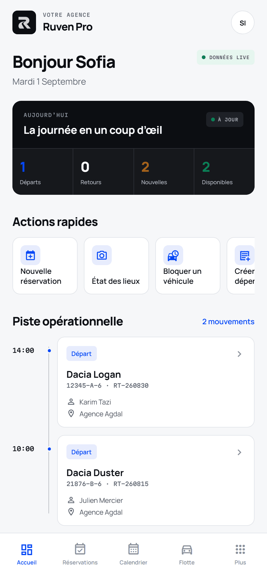 Application mobile Ruven Pro, écran d’accueil